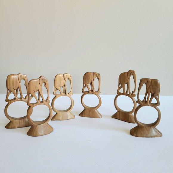 6 wooden elephants napkin holders rings. Safari African decor. - Picture 4 of 6